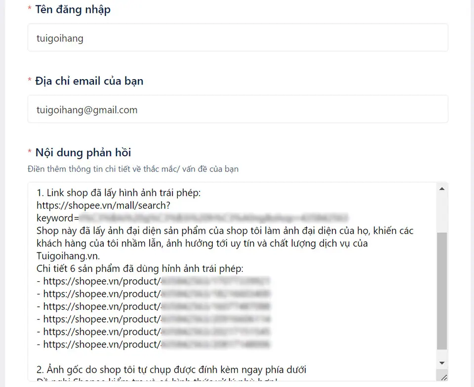 cách điền form báo cáo shop khác ăn cắp hình ảnh trên Shopee