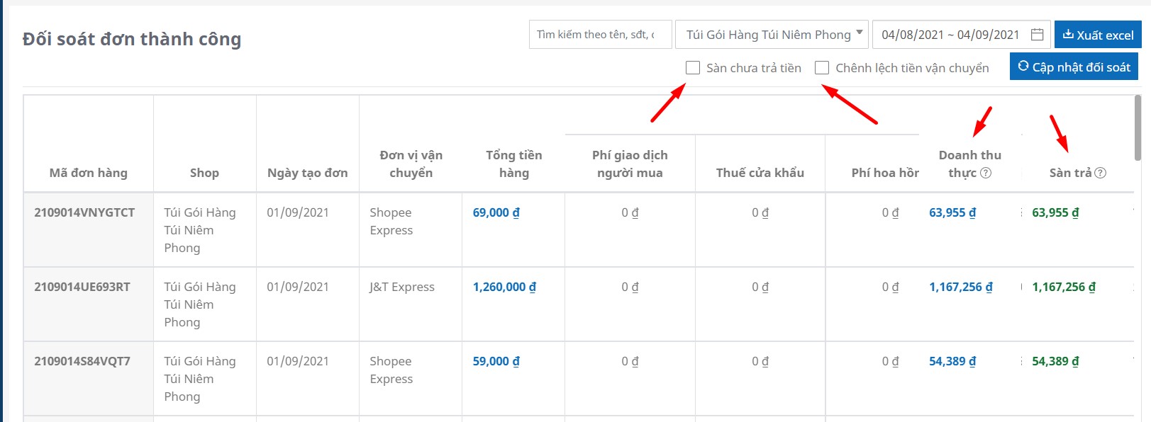 đối soát dòng tiền shopee
