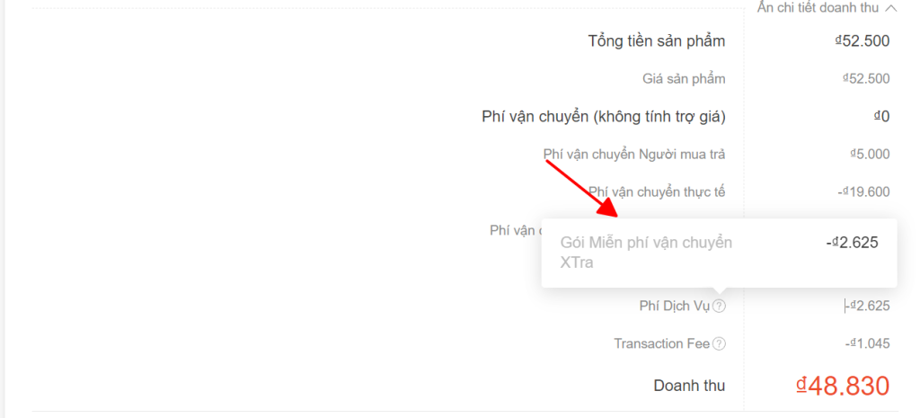phí dịch vụ gói Frs Extra trừ trực tiếp vào đơn hàng thành công