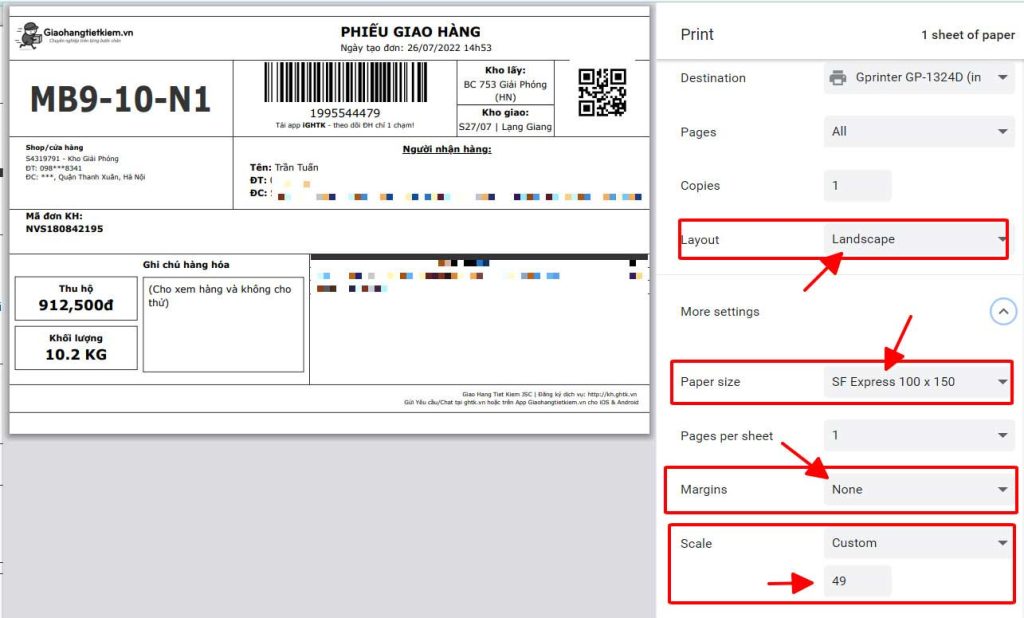 Cài đặt giấy in nhiệt 100x150mm