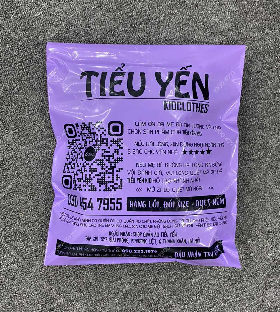 Túi niêm phong in thương hiệu Tieuyenkids. in lời cảm ơn và thông điệp gửi khách hàng