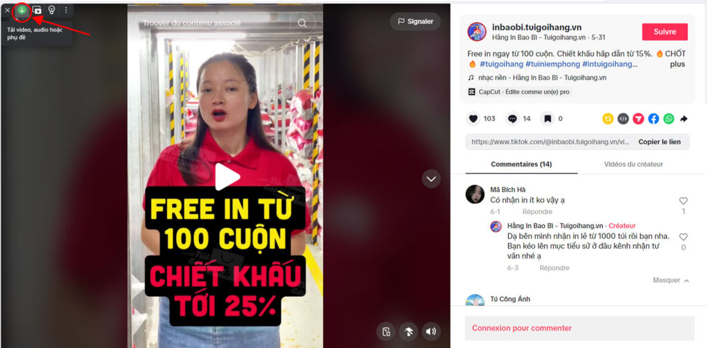 Tải video bán hàng tiktok qua trình duyệt web