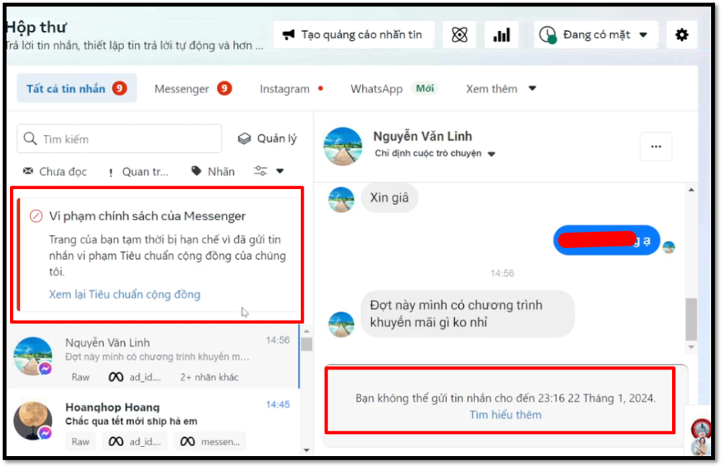 Trang bị chặn tin nhắn chat
