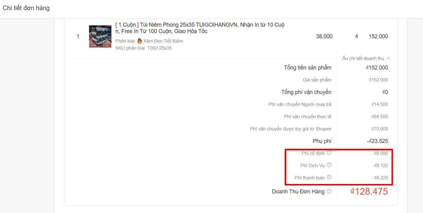 cách kiểm tra phí sàn shopee trong chi tiết đơn hàng