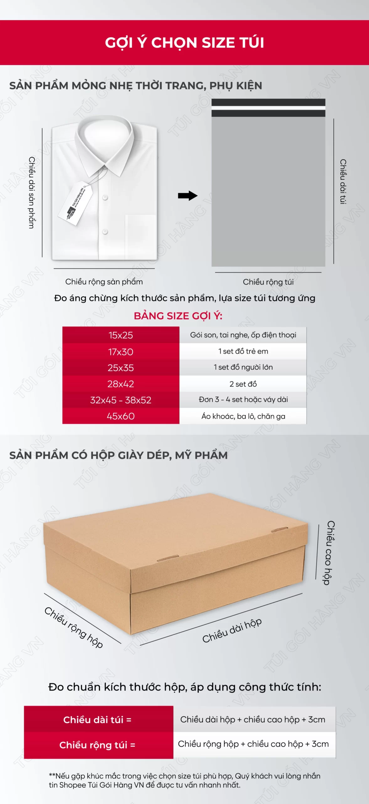 Bảng size túi niêm phong bạc plus cho thời trang, phụ kiện | Túi Gói Hàng VN