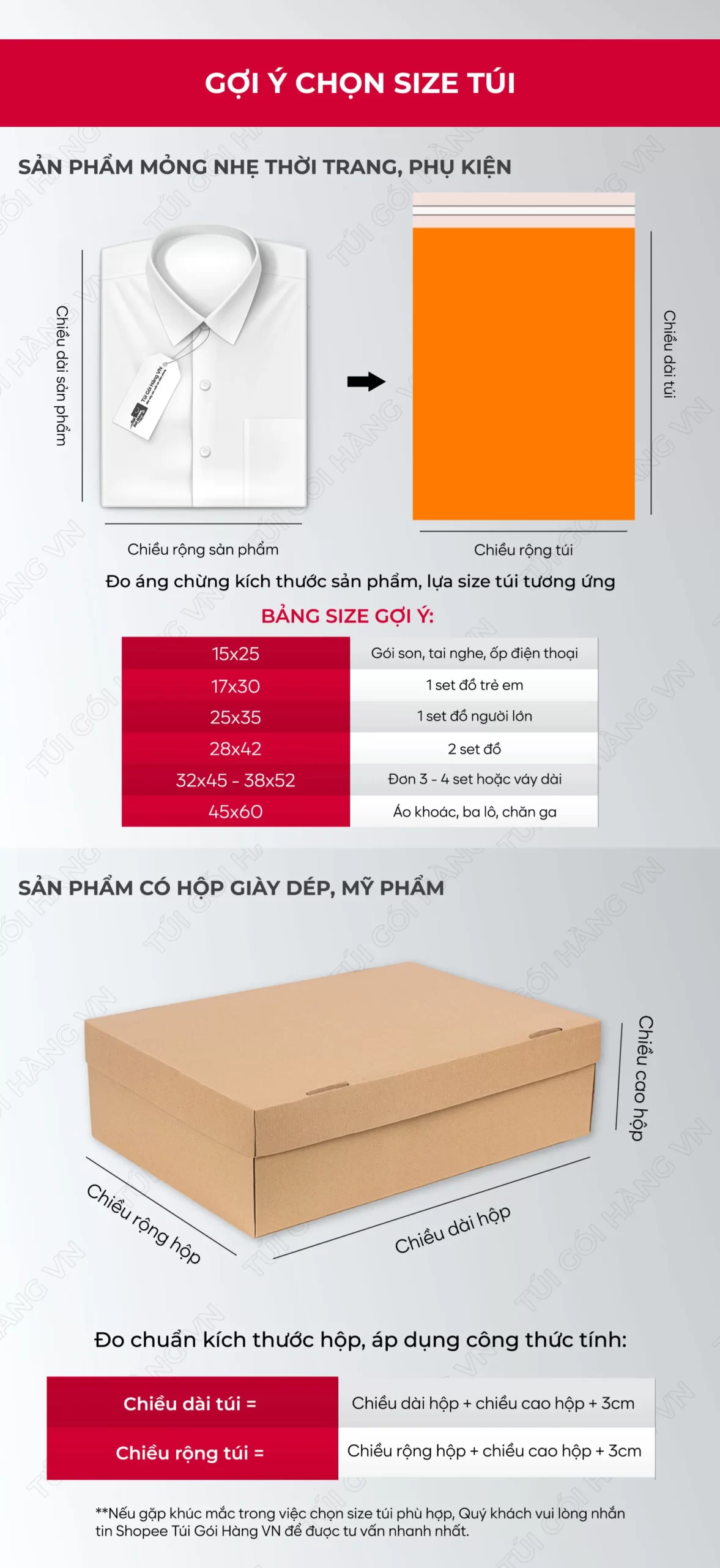 Bảng size túi niêm phong cam cho thời trang, phụ kiện | Túi Gói Hàng VN