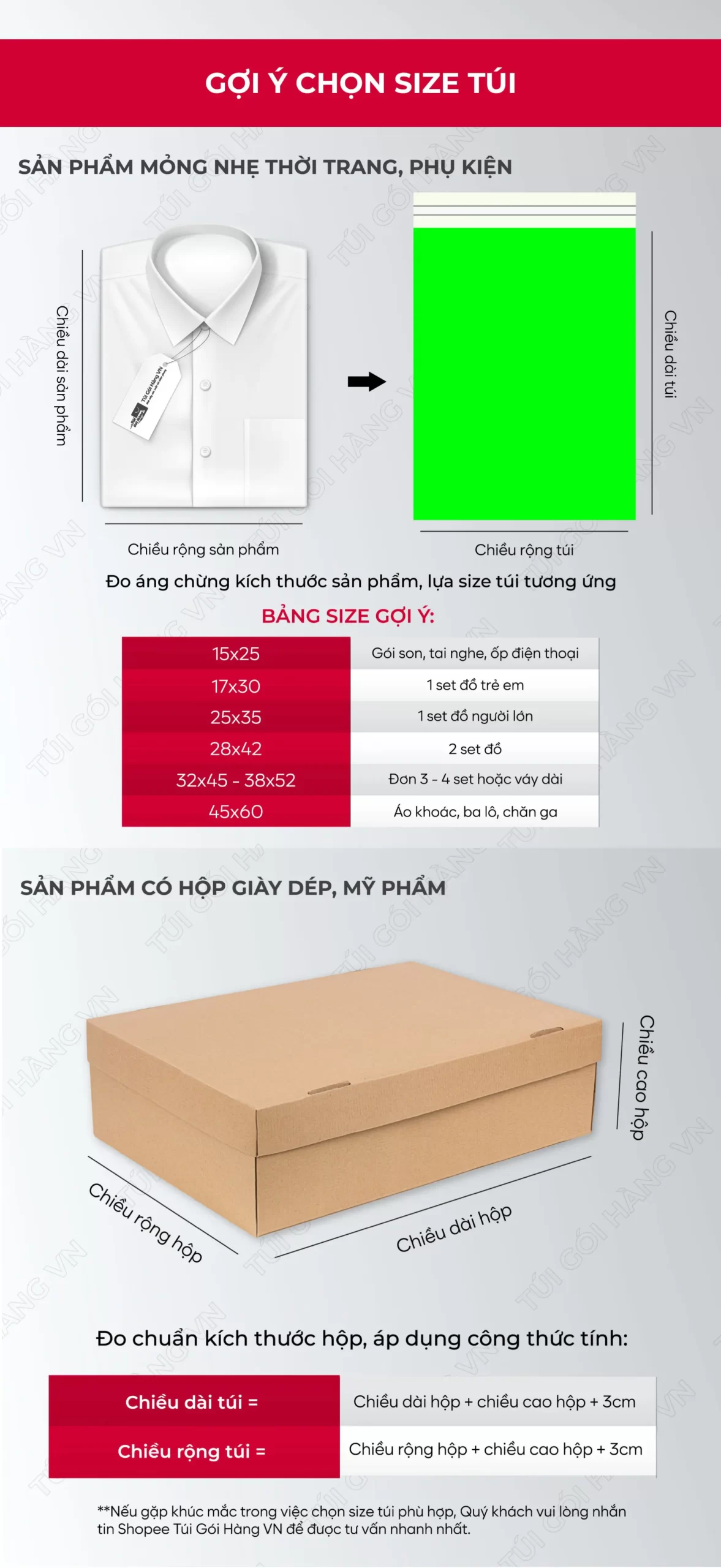 Bảng size túi niêm phong green cho thời trang, phụ kiện | Túi Gói Hàng VN