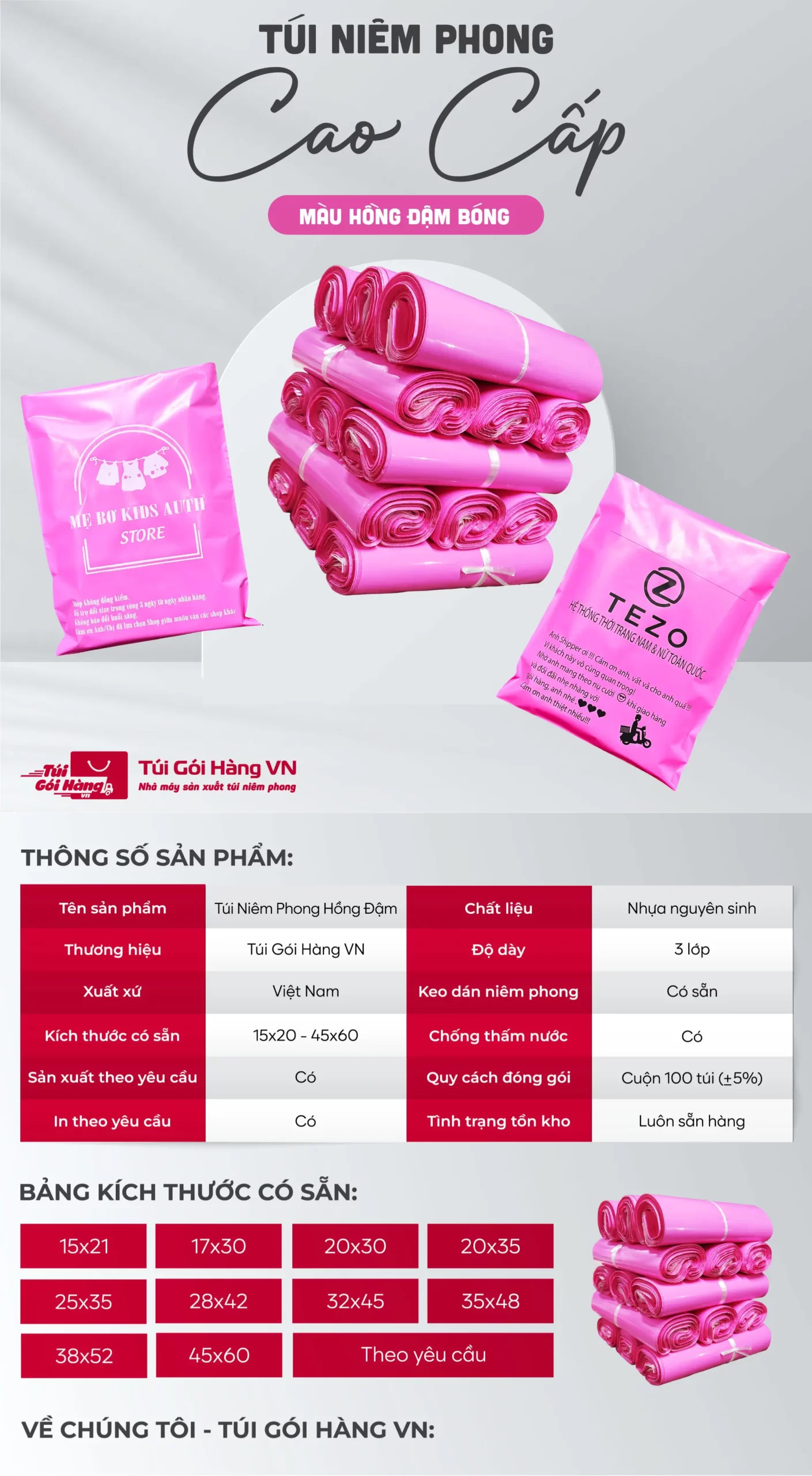 Túi niêm phong hồng đậm – bề mặt bóng mịn | Túi Gói Hàng VN