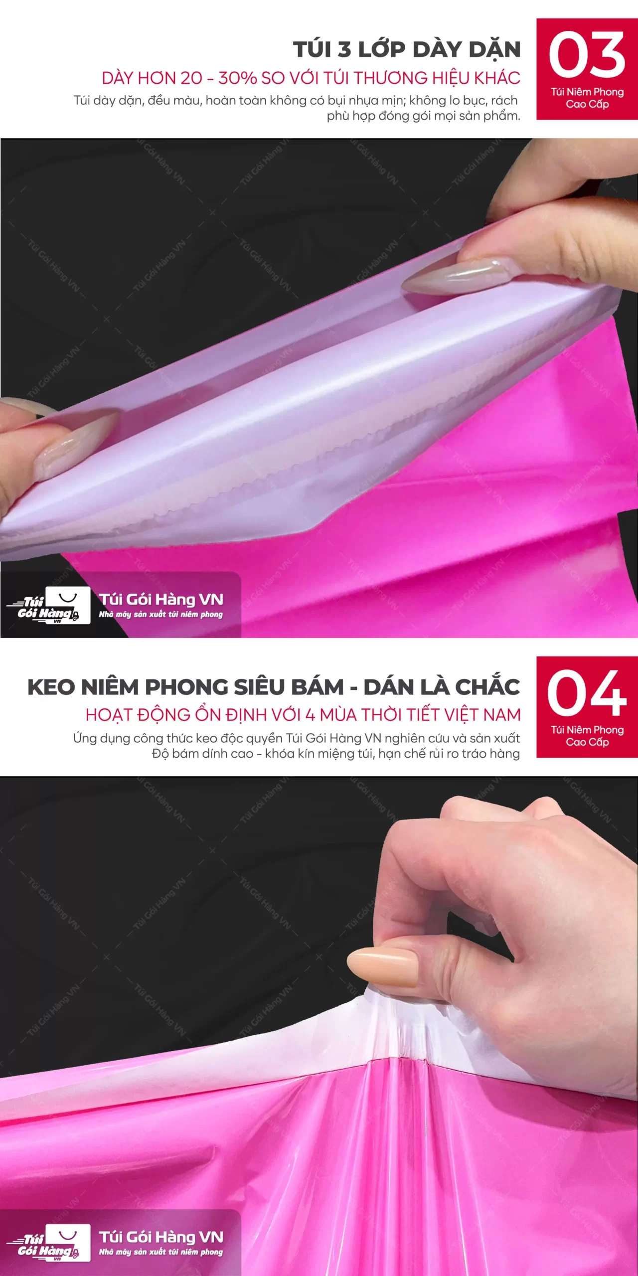Túi niêm phong hồng đậm – cấu trúc 3 lớp dày dặn | Túi Gói Hàng VN