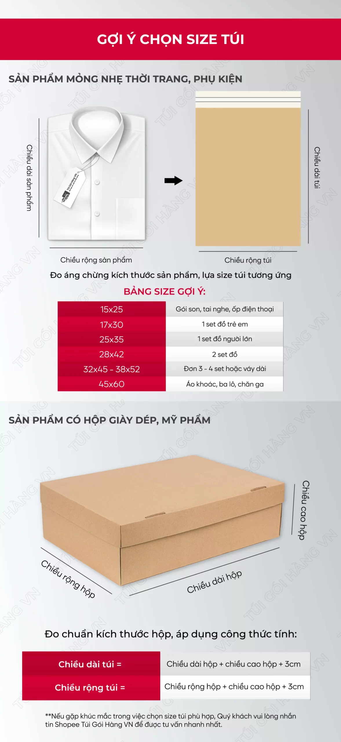 Bảng size túi niêm phong nâu sữa cho thời trang, phụ kiện | Túi Gói Hàng VN