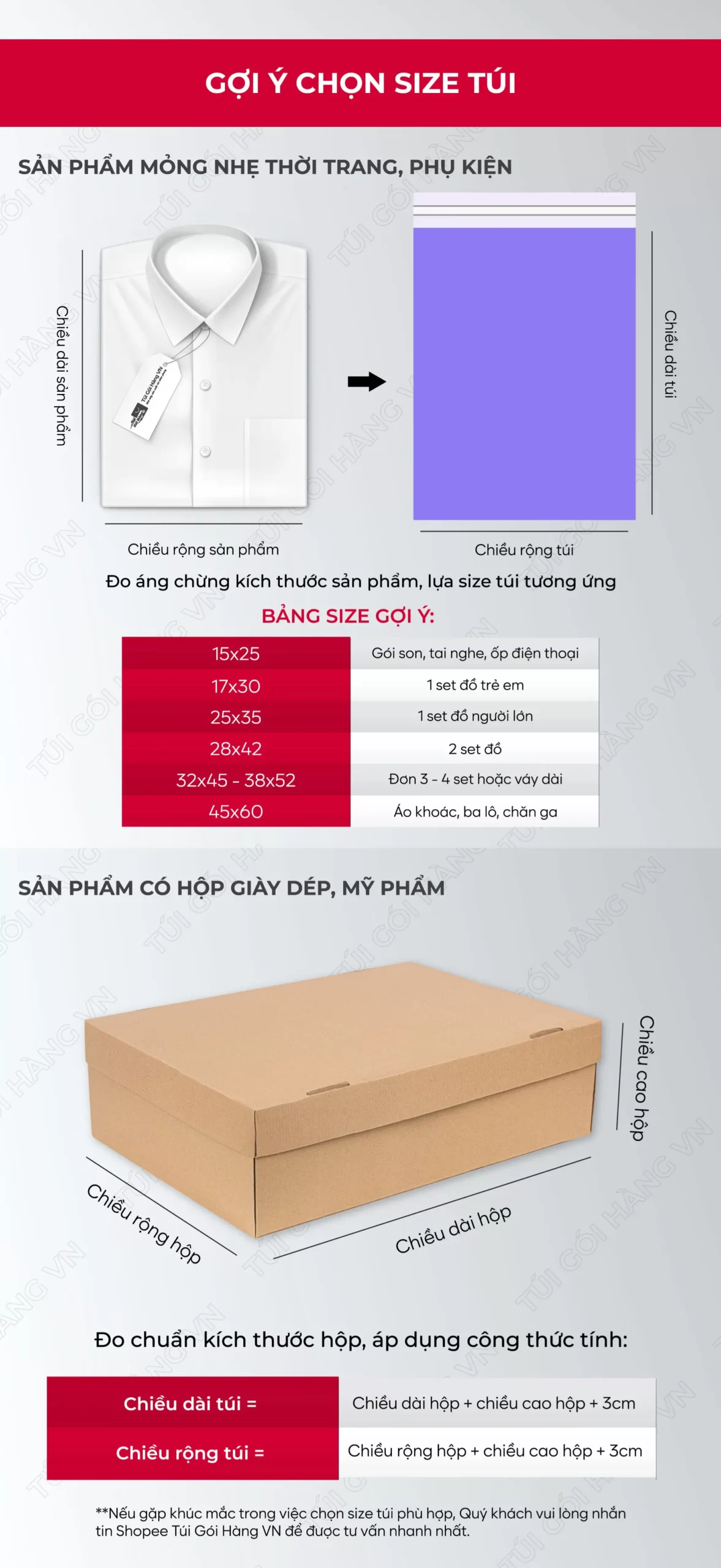 Bảng size túi niêm phong tím cho thời trang, phụ kiện | Túi Gói Hàng VN