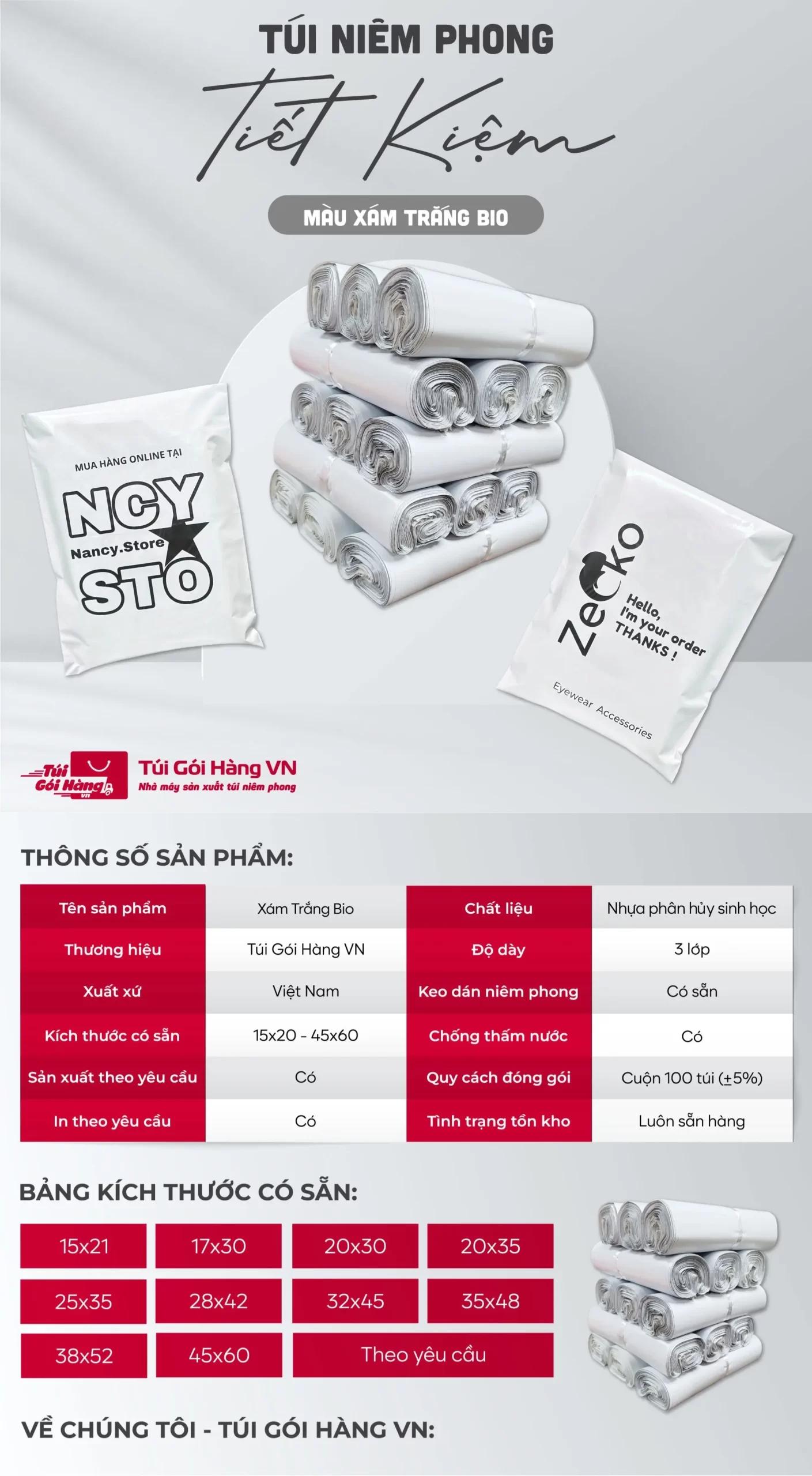 Túi niêm phong trắng bio – bề mặt nhám mịn | Túi Gói Hàng VN