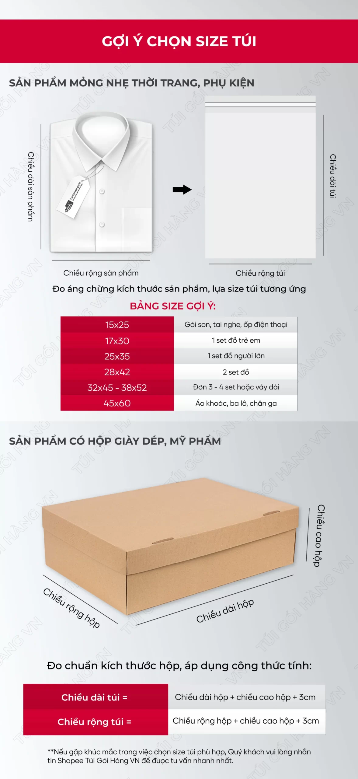 Bảng size túi niêm phong trắng bio cho thời trang, phụ kiện | Túi Gói Hàng VN