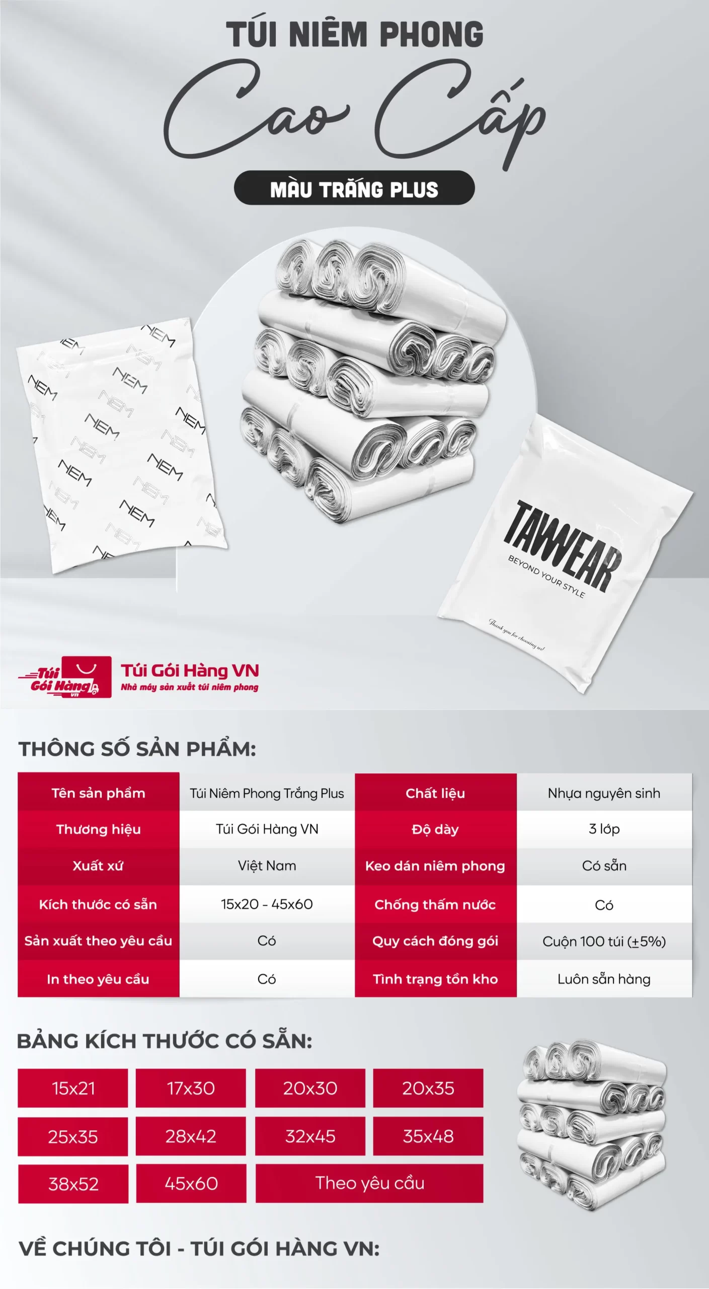 Túi niêm phong trắng plus – bề mặt bóng mịn | Túi Gói Hàng VN