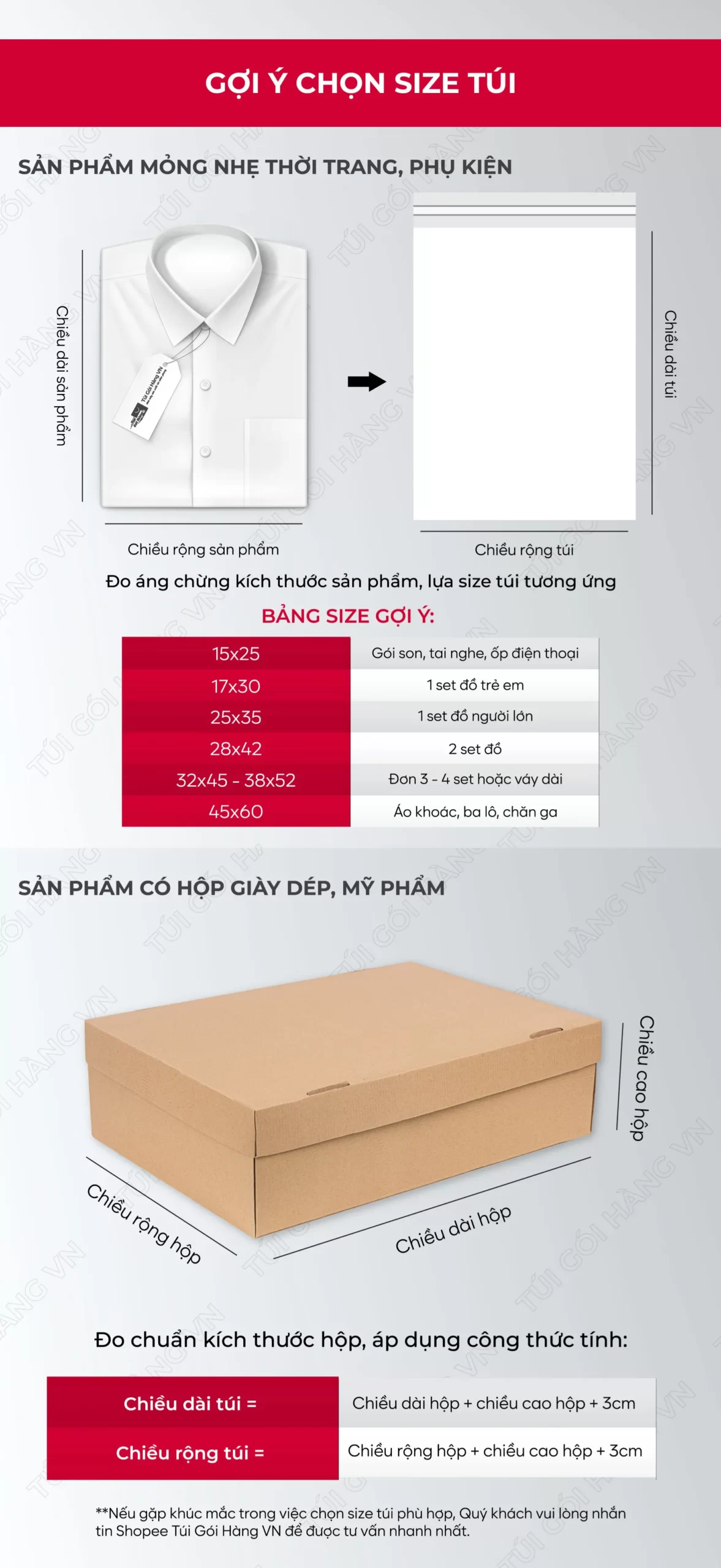 Bảng size túi niêm phong trắng plus cho thời trang, phụ kiện | Túi Gói Hàng VN