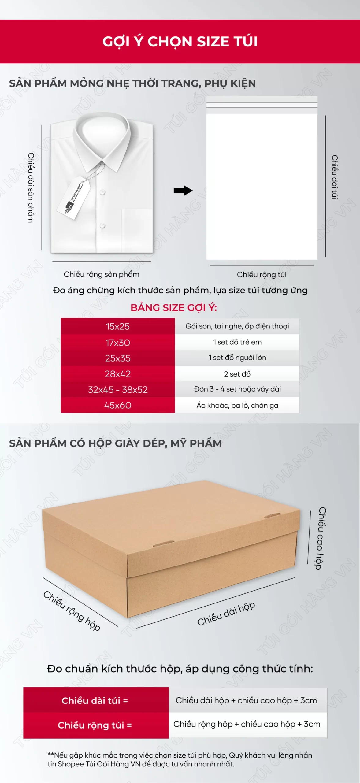 Bảng size túi niêm phong trắng sứ cho thời trang, phụ kiện | Túi Gói Hàng VN