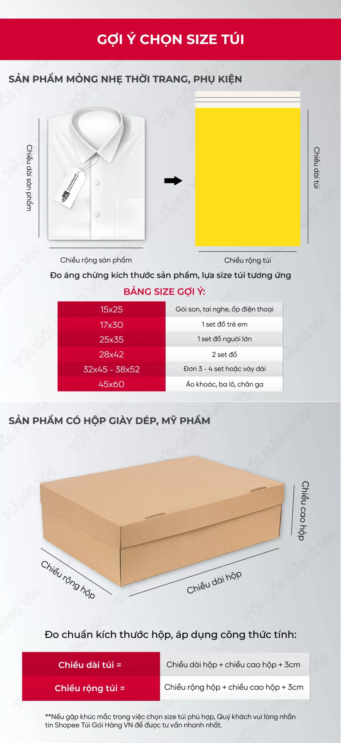 Bảng size túi niêm phong vàng cho thời trang, phụ kiện | Túi Gói Hàng VN