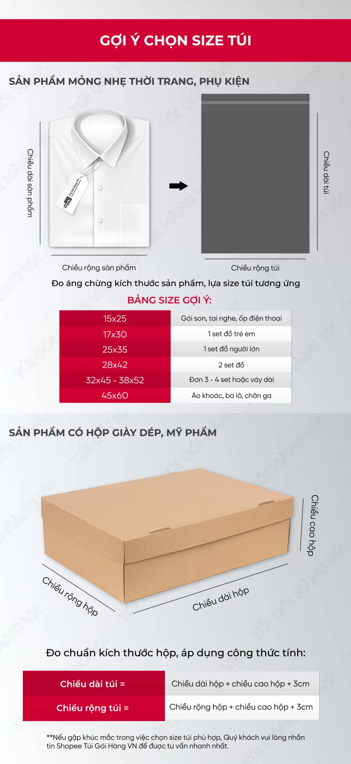 Bảng size túi niêm phong xám đen giá tốt cho thời trang, phụ kiện | Túi Gói Hàng VN