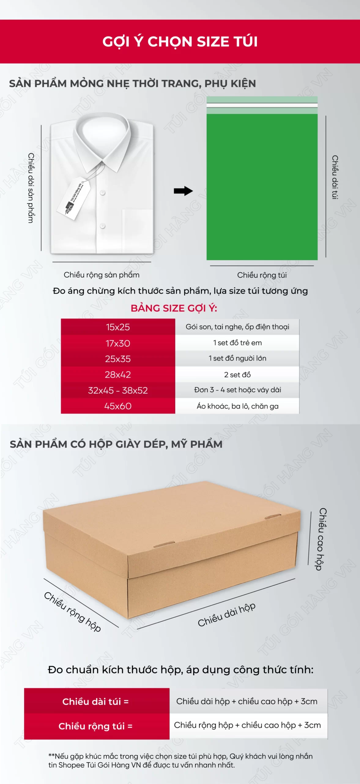 Bảng size túi niêm phong xanh lá cho thời trang, phụ kiện | Túi Gói Hàng VN