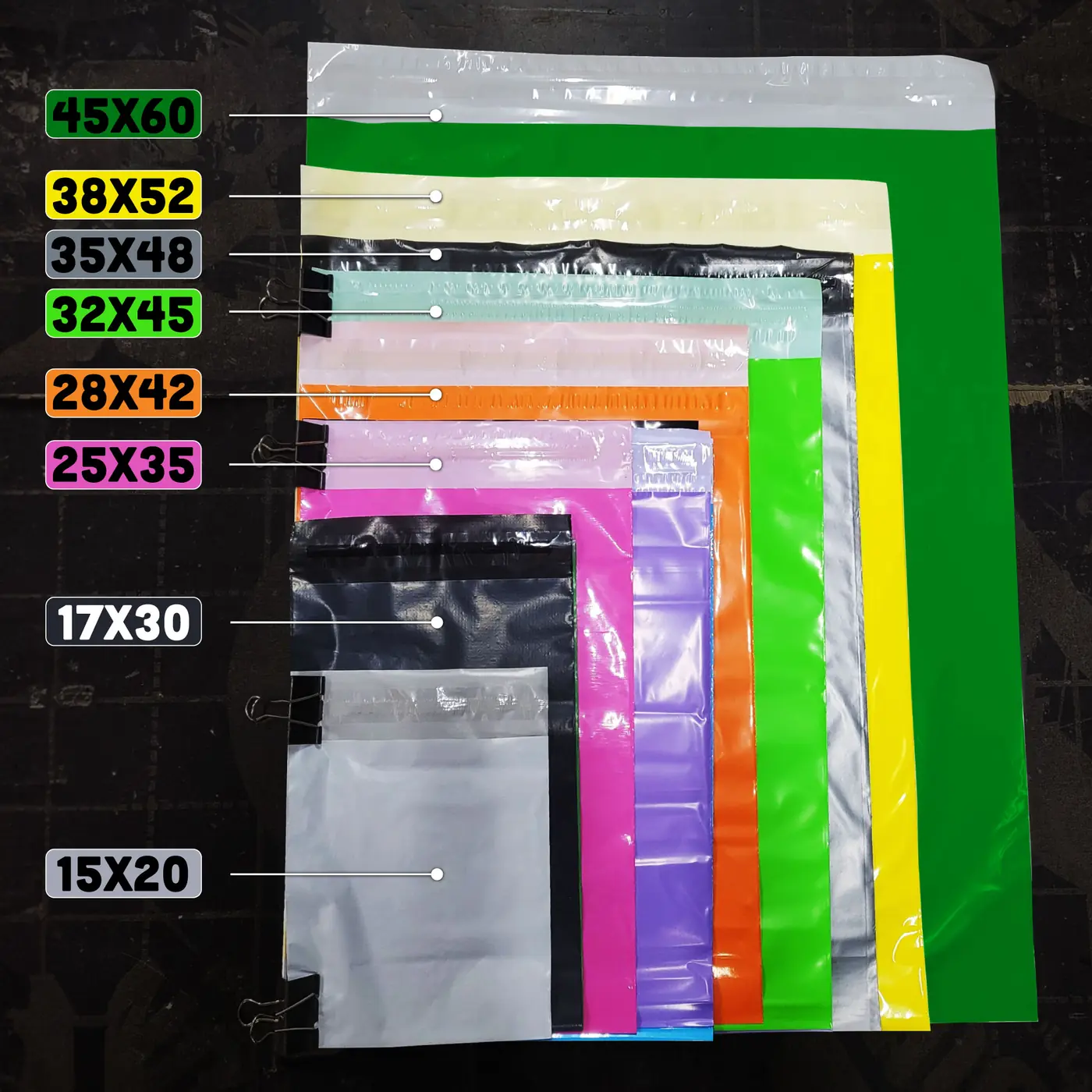 Bảng tám cỡ túi niêm phong thực tế từ 15x20 đến 45x60 của Túi Gói Hàng VN
